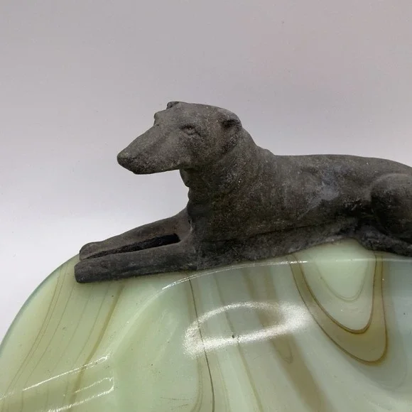 Art Deco Green Slag Uranium Glass Ashtray with Metal Borzoi Dog - 1920s Vintage - Picture 2 of 8